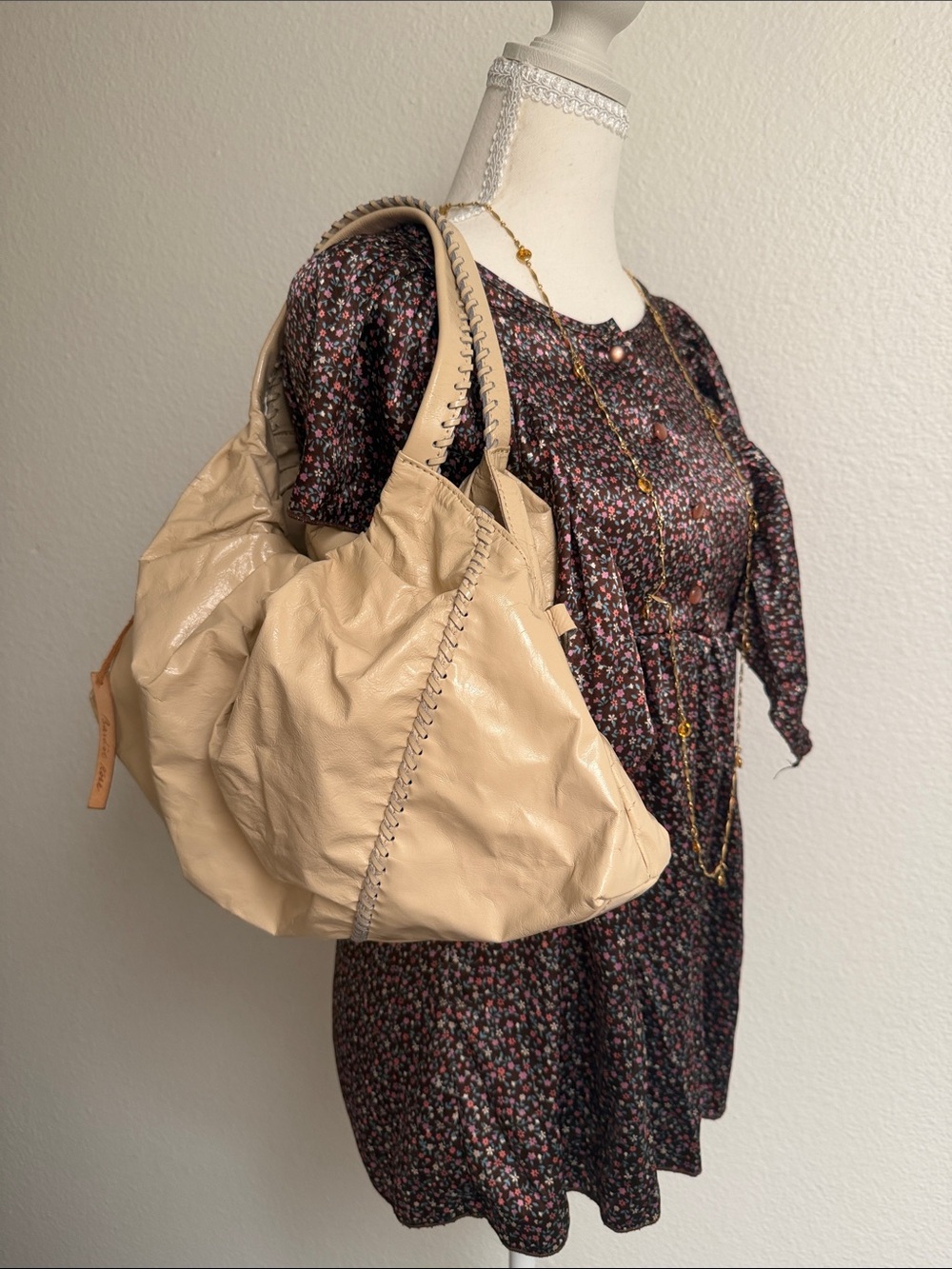 Bardot Rose Neutral Beige Slouch Shoulder Bag with Whipstitch Detail